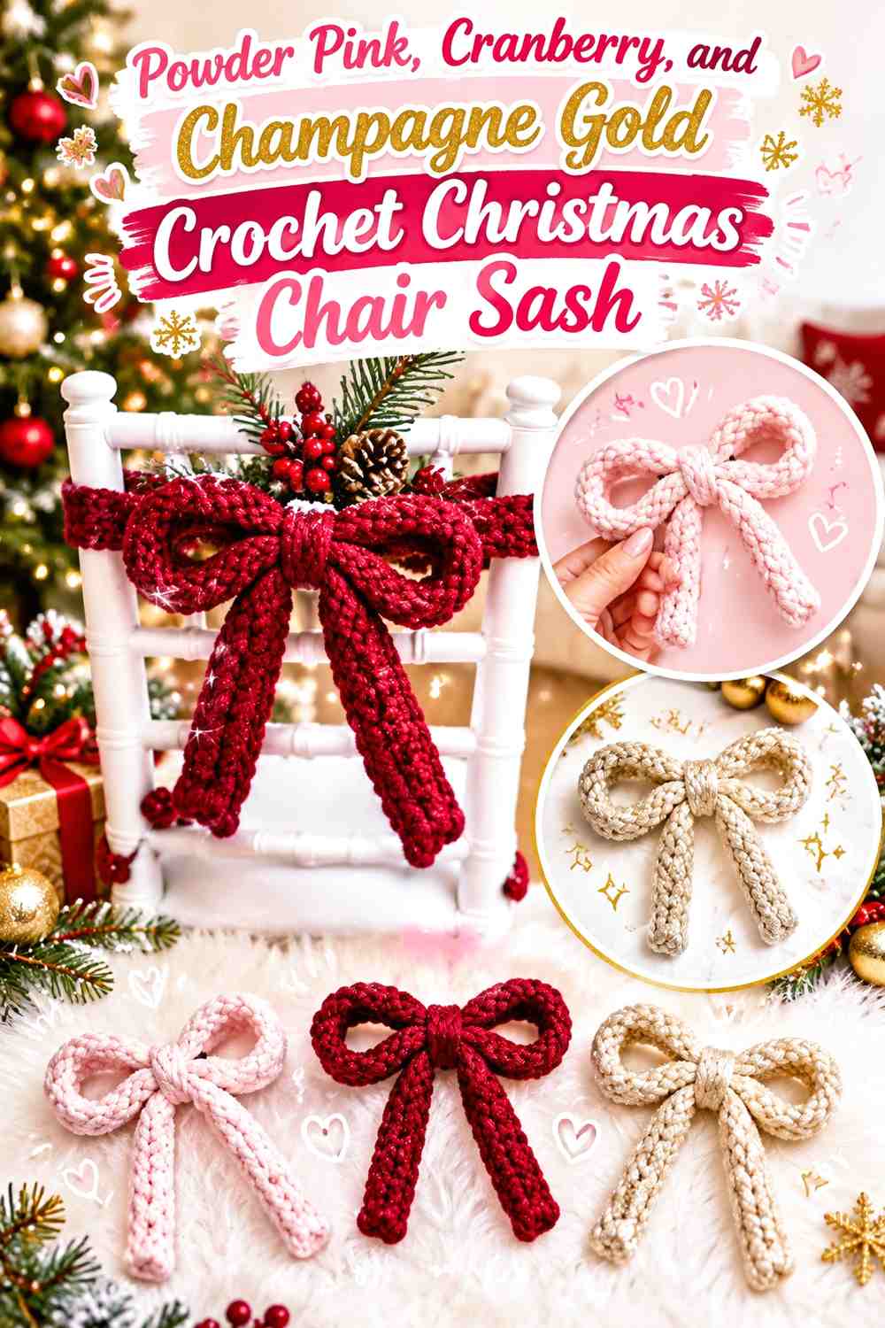 Powder Pink, Cranberry, and Champagne Gold Crochet Christmas Chair Sash