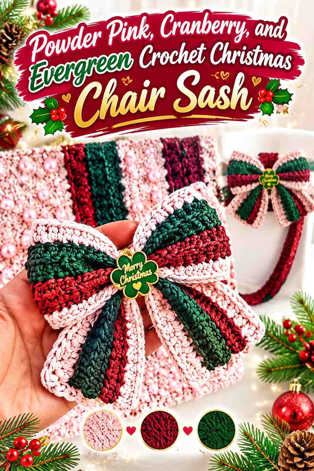 Powder Pink, Cranberry, and Evergreen Crochet Christmas Chair Sash