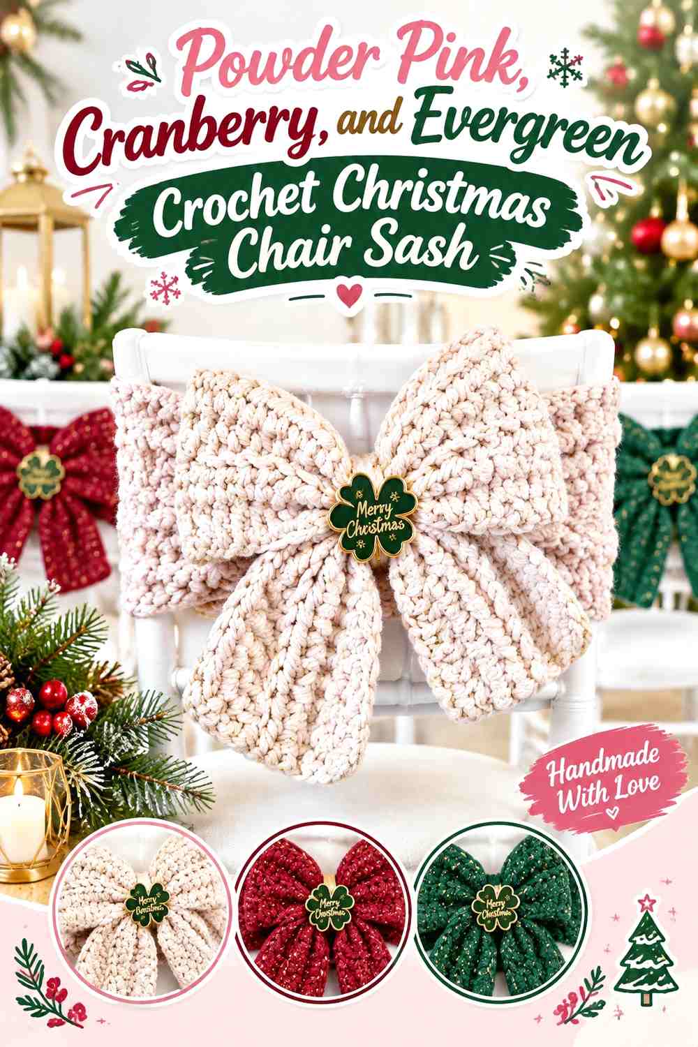 Powder Pink, Cranberry, and Evergreen Crochet Christmas Chair Sash