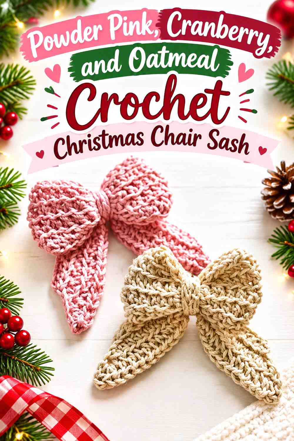 Powder Pink, Cranberry, and Oatmeal Crochet Christmas Chair Sash