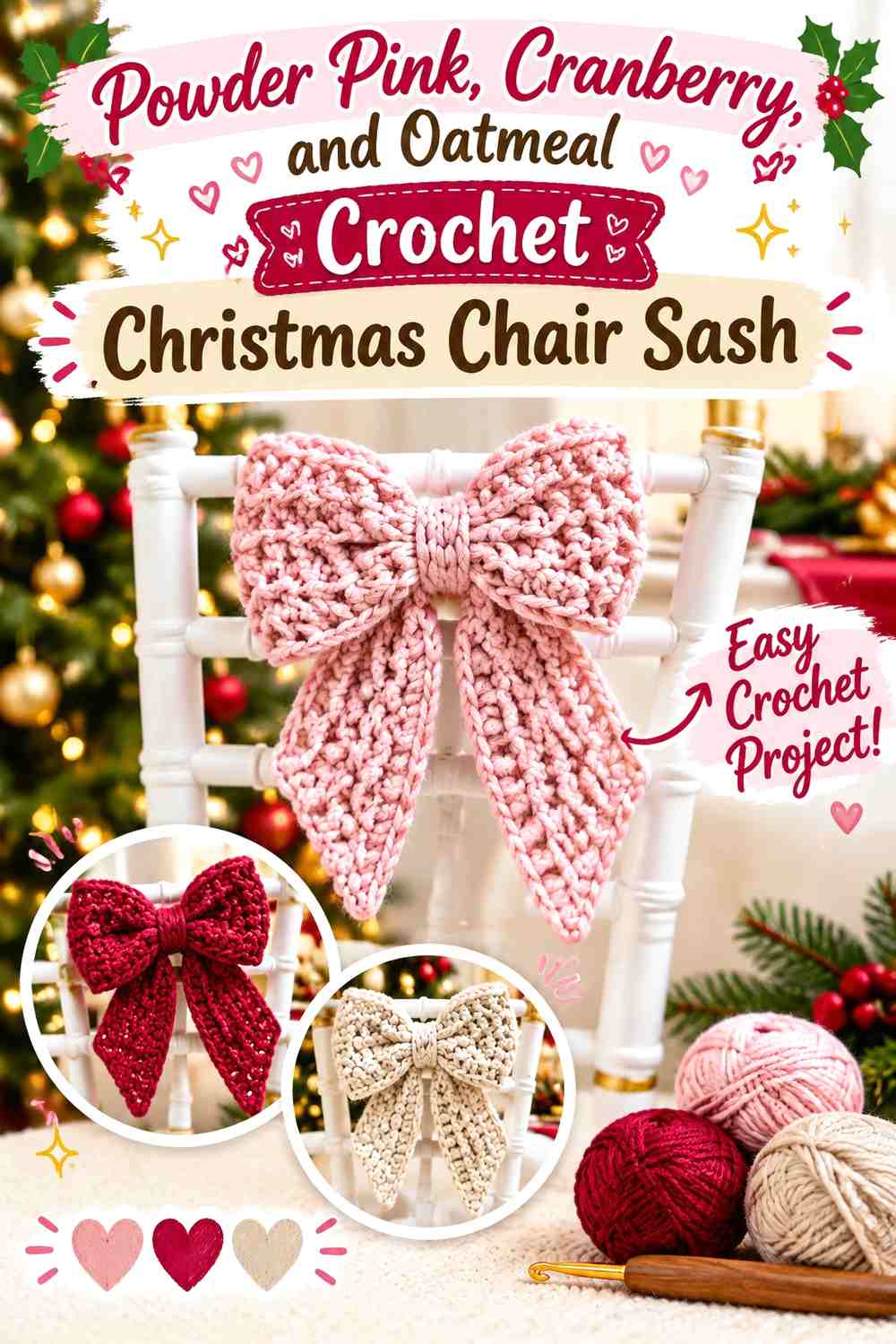 Powder Pink, Cranberry, and Oatmeal Crochet Christmas Chair Sash