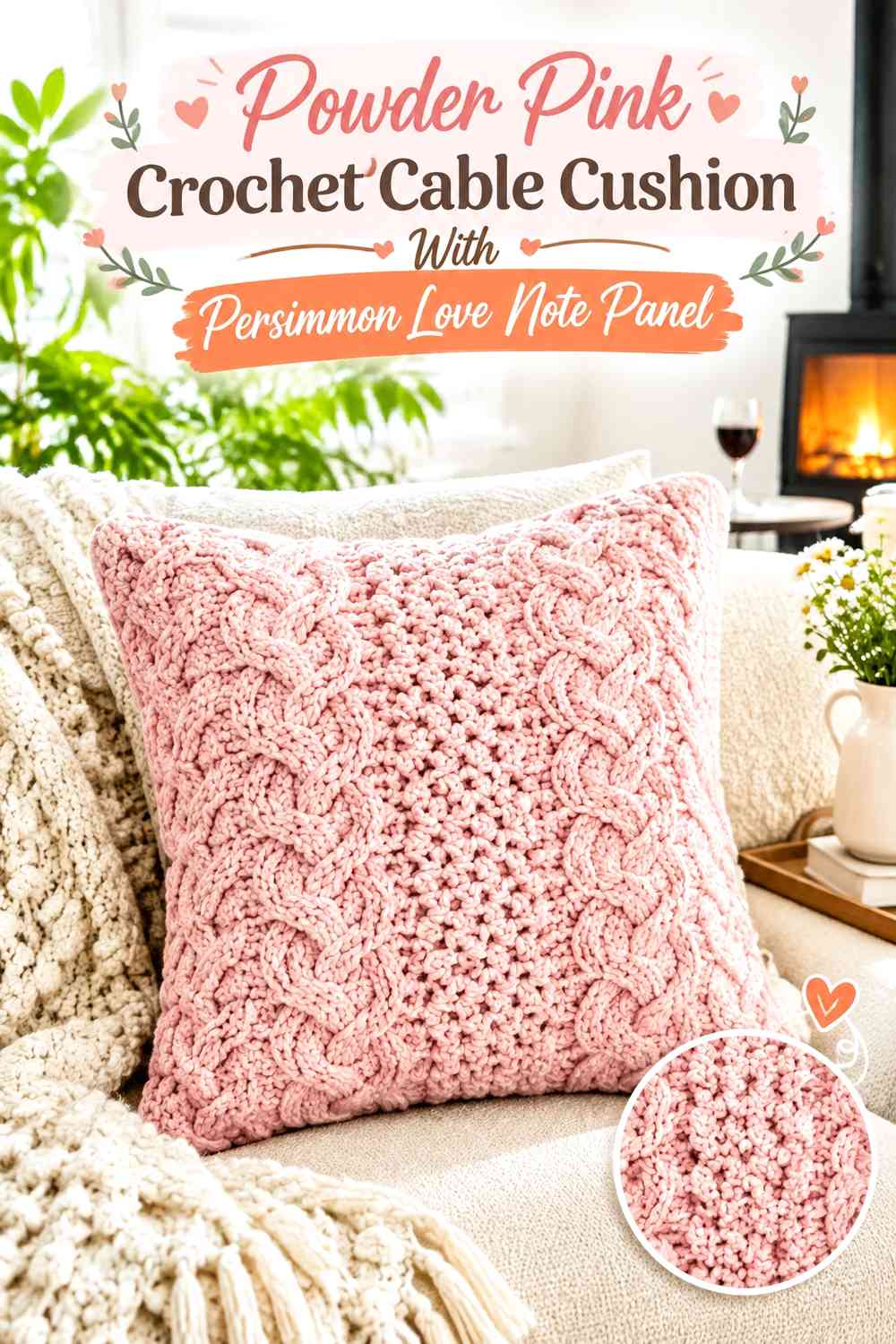 Powder Pink Crochet Cable Cushion With Persimmon Love Note Panel