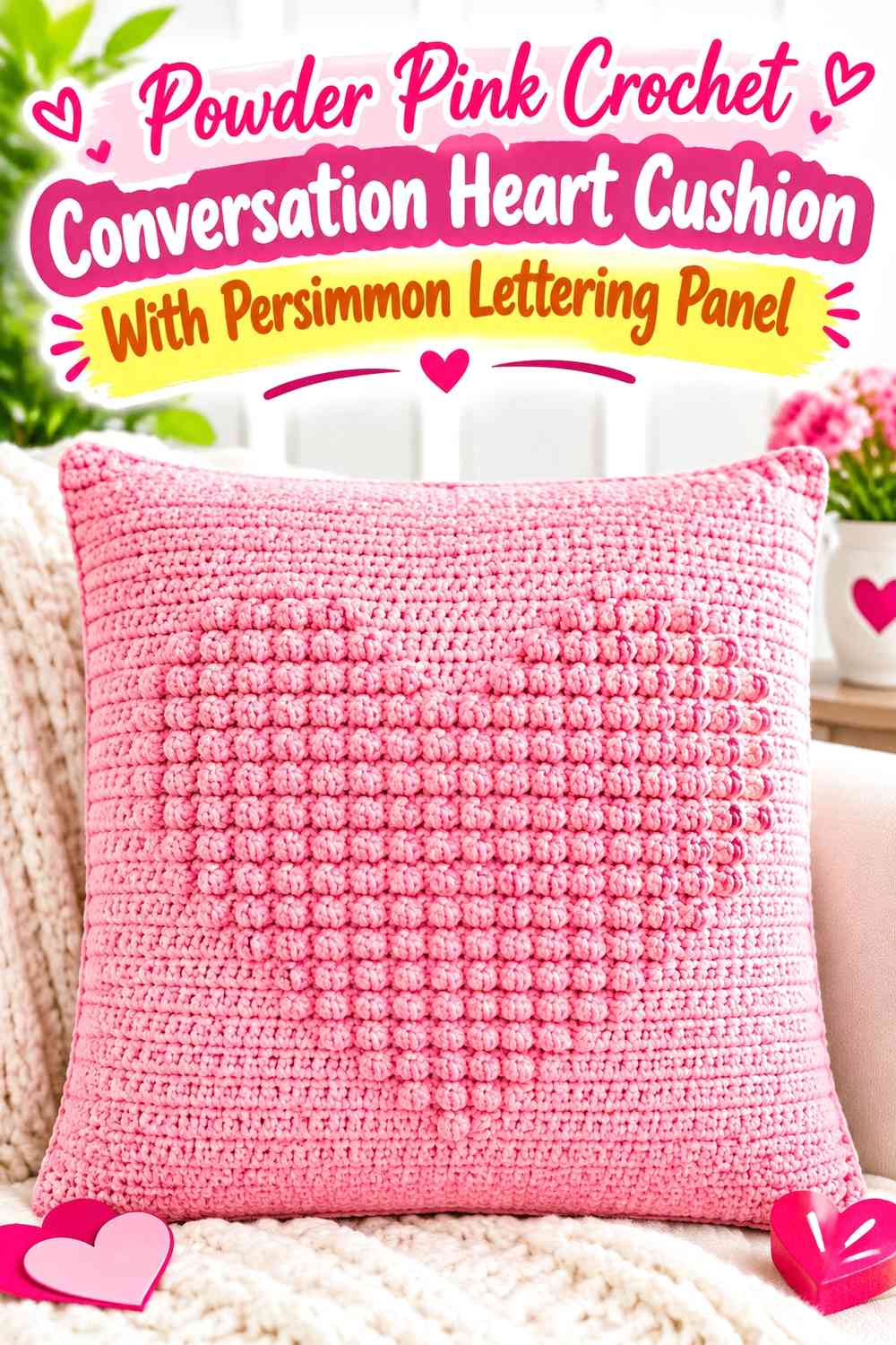 Powder Pink Crochet Conversation Heart Cushion With Persimmon Lettering Panel