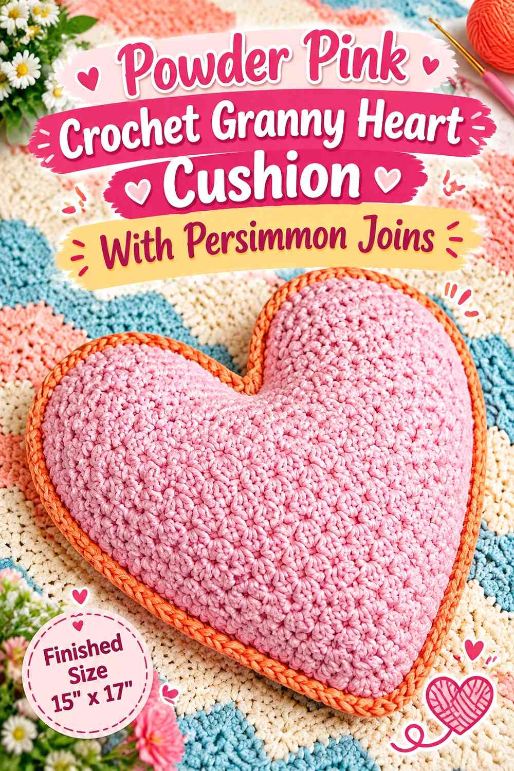 Powder Pink Crochet Granny Heart Cushion With Persimmon Joins
