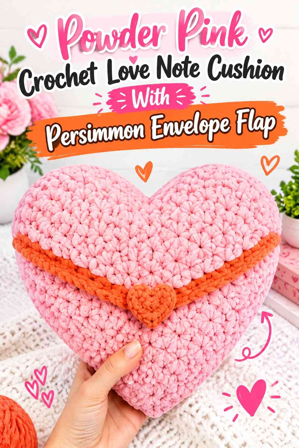 Powder Pink Crochet Love Note Cushion With Persimmon Envelope Flap