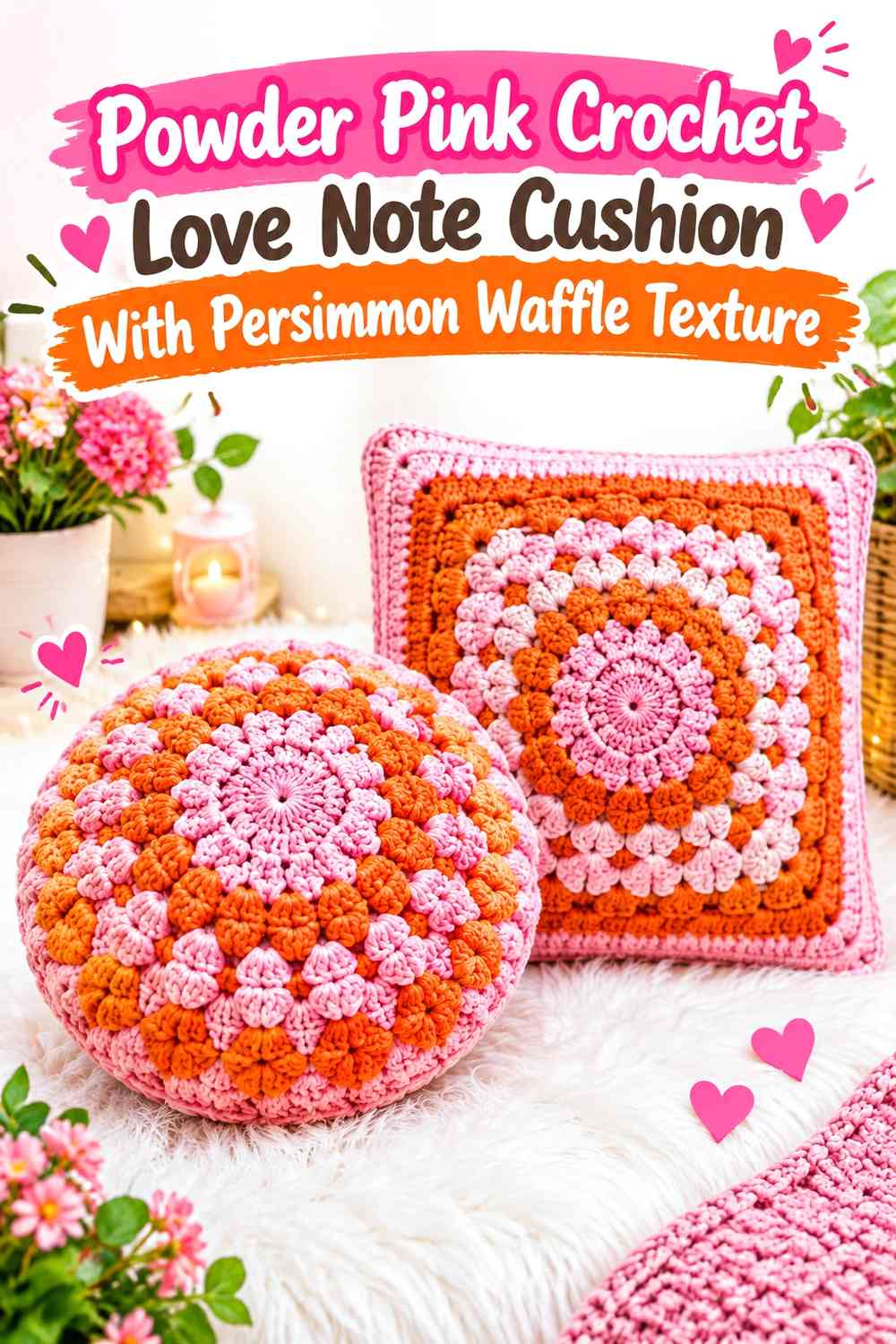Powder Pink Crochet Love Note Cushion With Persimmon Waffle Texture