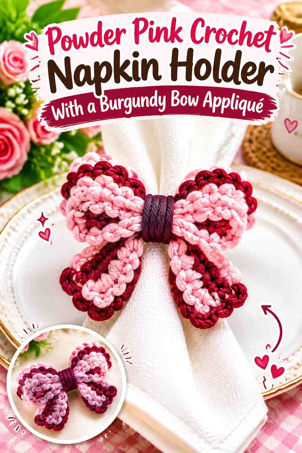 Powder Pink Crochet Napkin Holder With a Burgundy Bow Appliqué