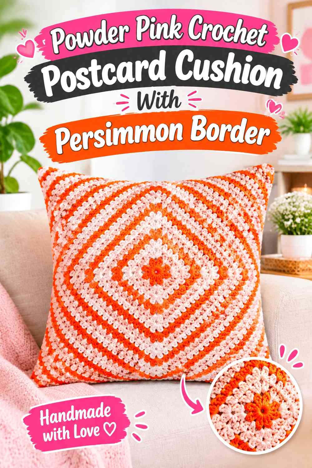 Powder Pink Crochet Postcard Cushion With Persimmon Border