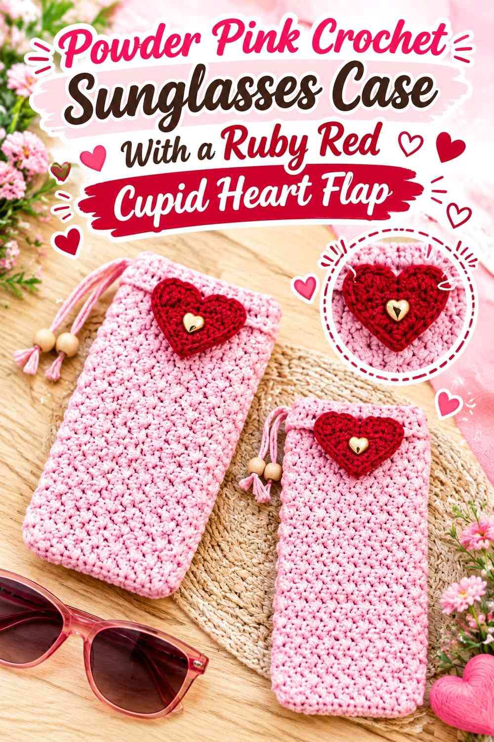 Powder Pink Crochet Sunglasses Case With a Ruby Red Cupid Heart Flap
