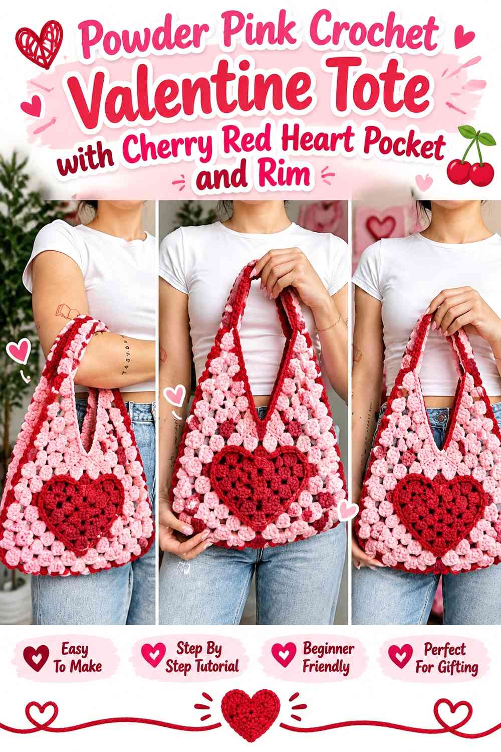 Powder Pink Crochet Valentine Tote with Cherry Red Heart Pocket and Rim