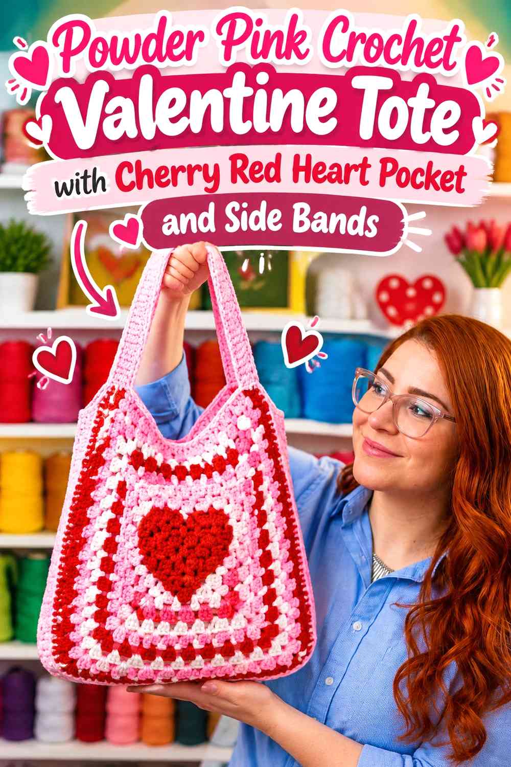 Powder Pink Crochet Valentine Tote with Cherry Red Heart Pocket and Side Bands