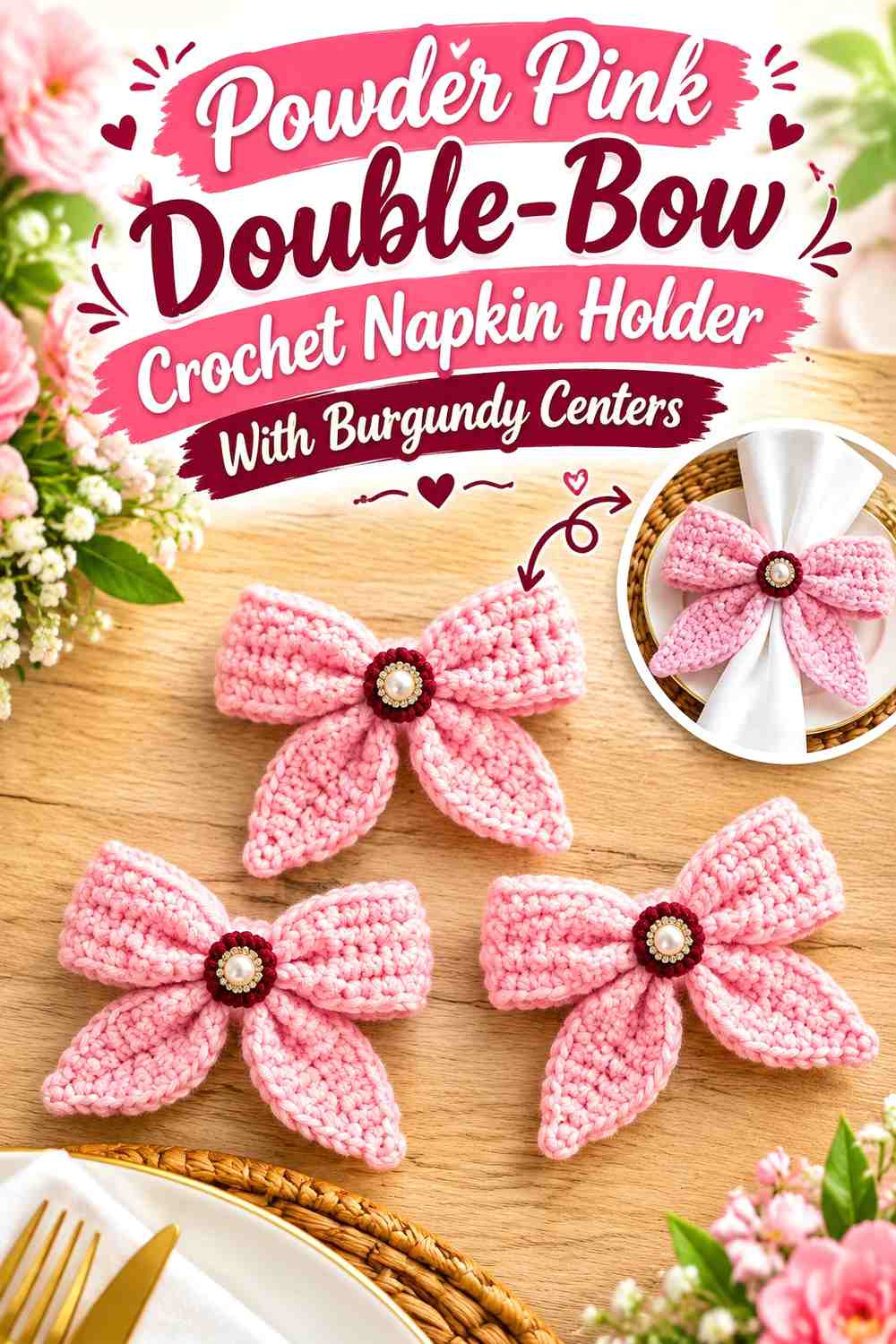 Powder Pink Double-Bow Crochet Napkin Holder With Burgundy Centers