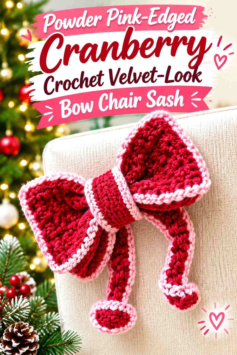 Powder Pink-Edged Cranberry Crochet Velvet-Look Bow Chair Sash