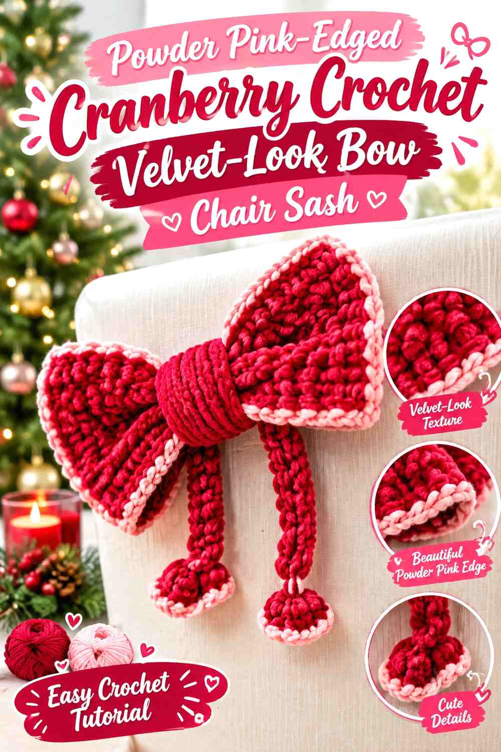 Powder Pink-Edged Cranberry Crochet Velvet-Look Bow Chair Sash