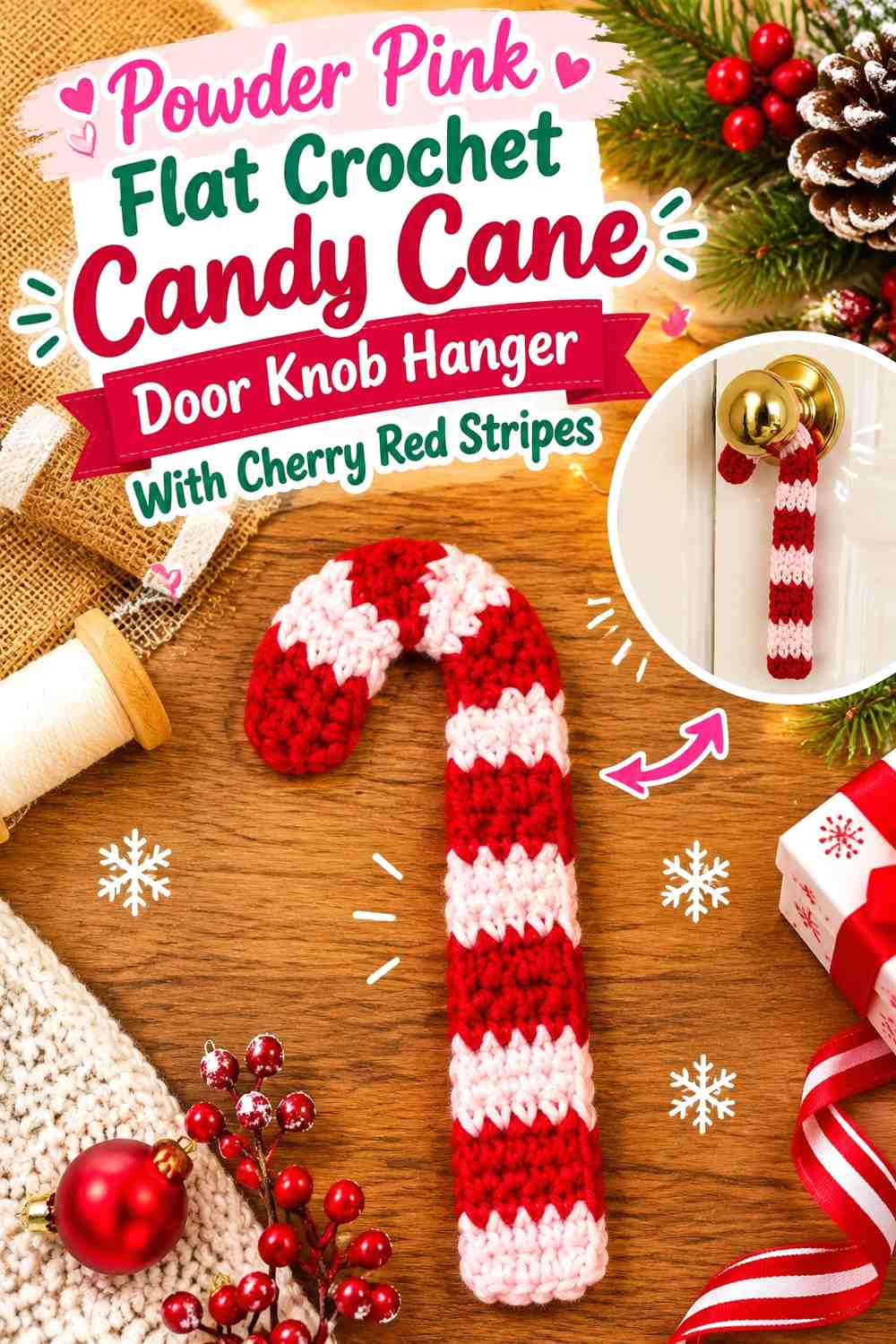 Powder Pink Flat Crochet Candy Cane Door Knob Hanger With Cherry Red Stripes