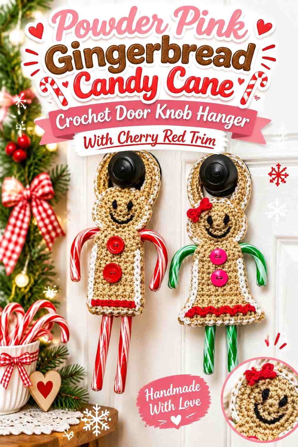 Powder Pink Gingerbread Candy Cane Crochet Door Knob Hanger With Cherry Red Trim