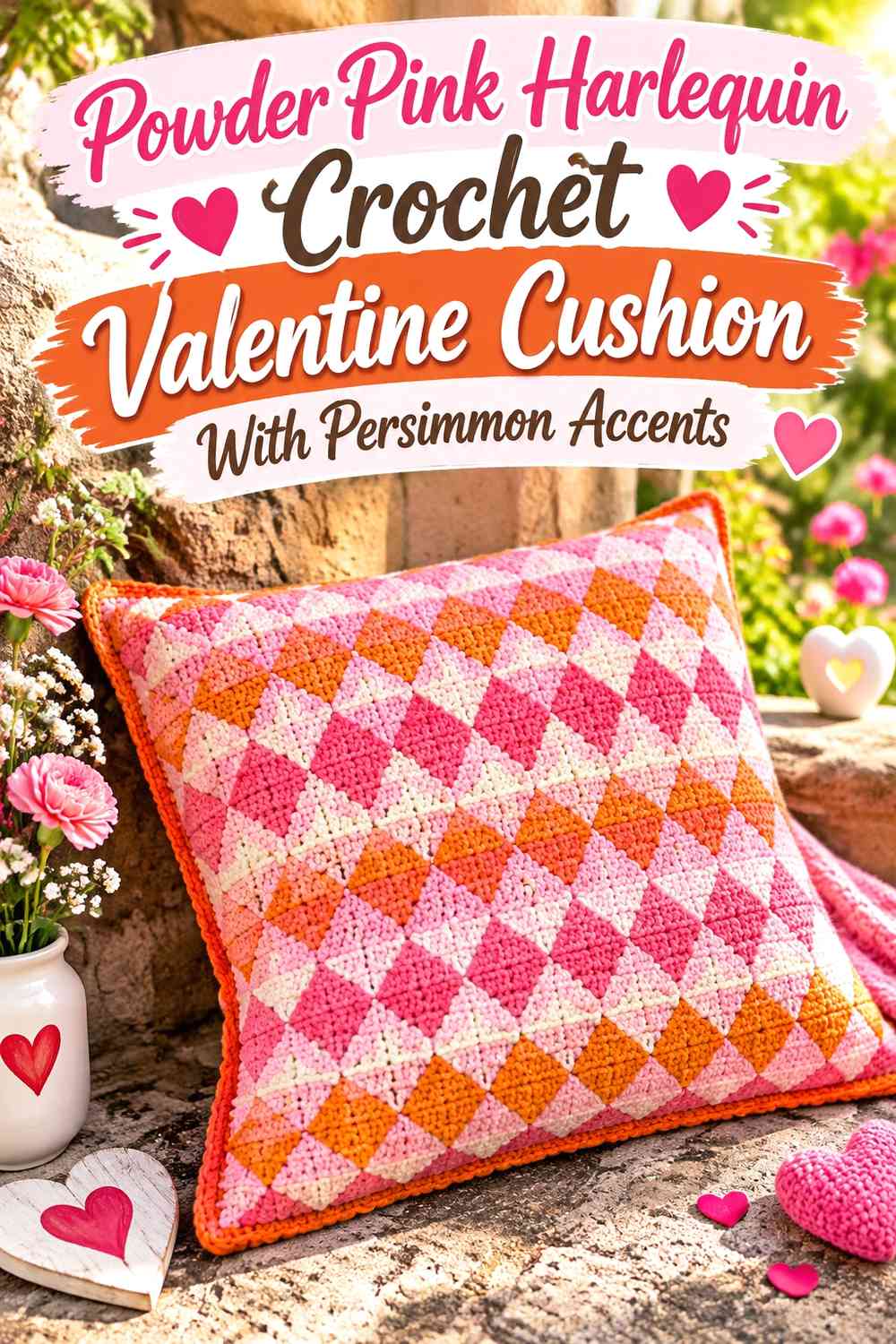 Powder Pink Harlequin Crochet Valentine Cushion With Persimmon Accents