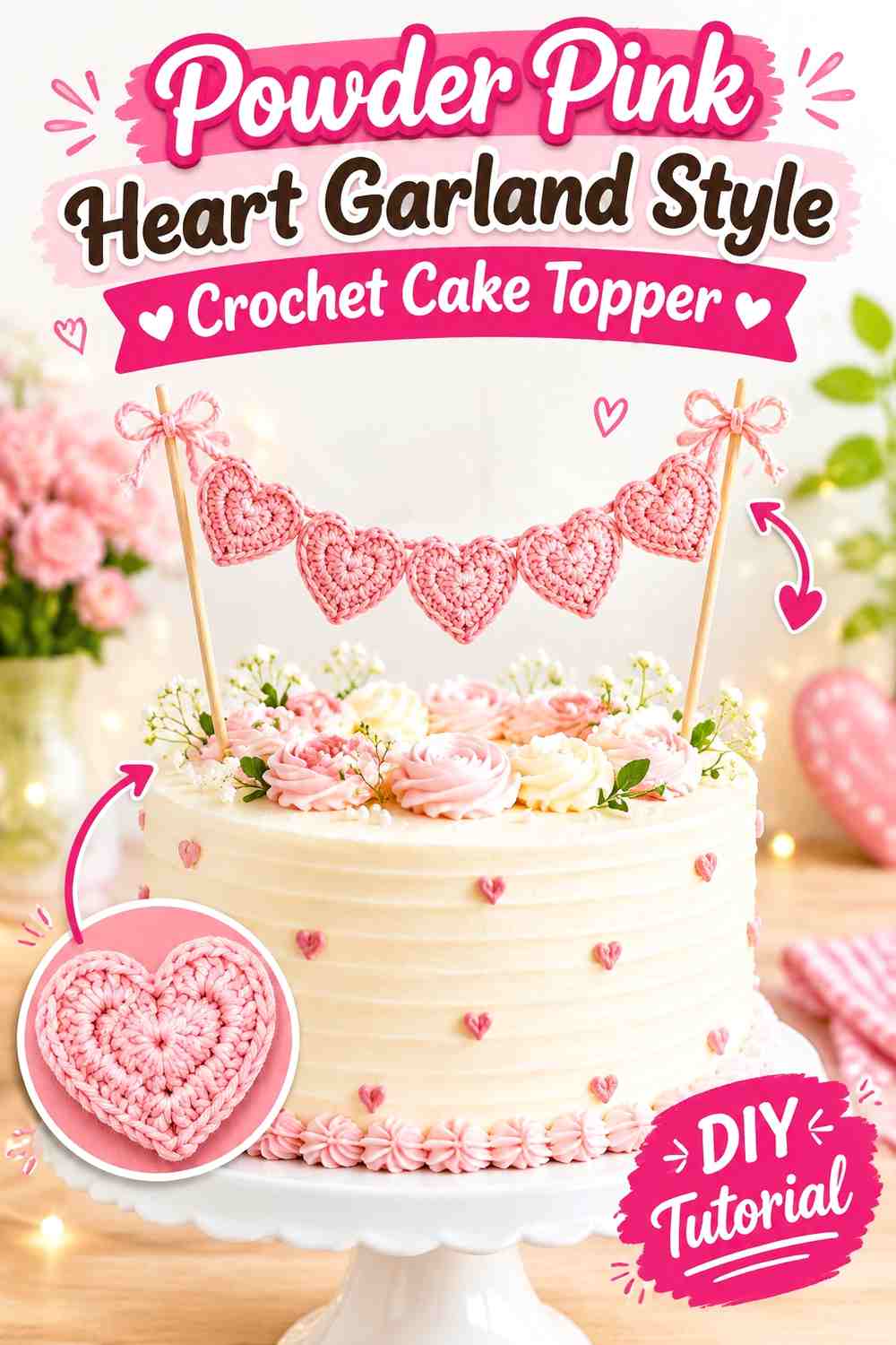 Powder Pink Heart Garland Style Crochet Cake Topper