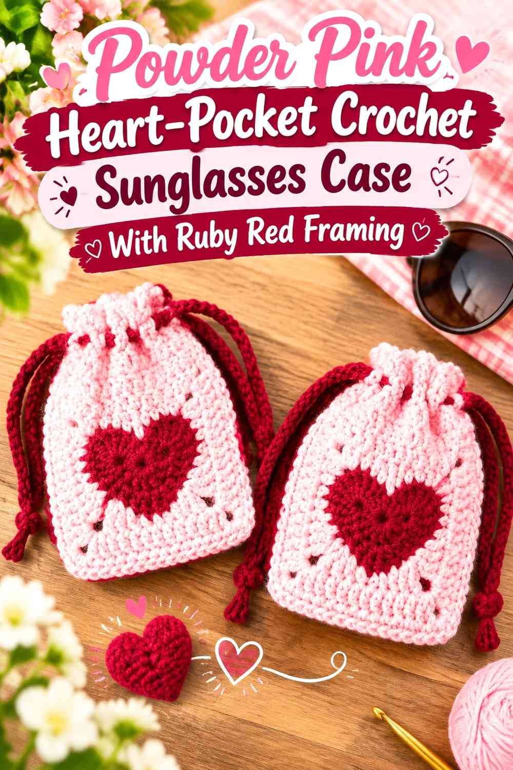 Powder Pink Heart-Pocket Crochet Sunglasses Case With Ruby Red Framing
