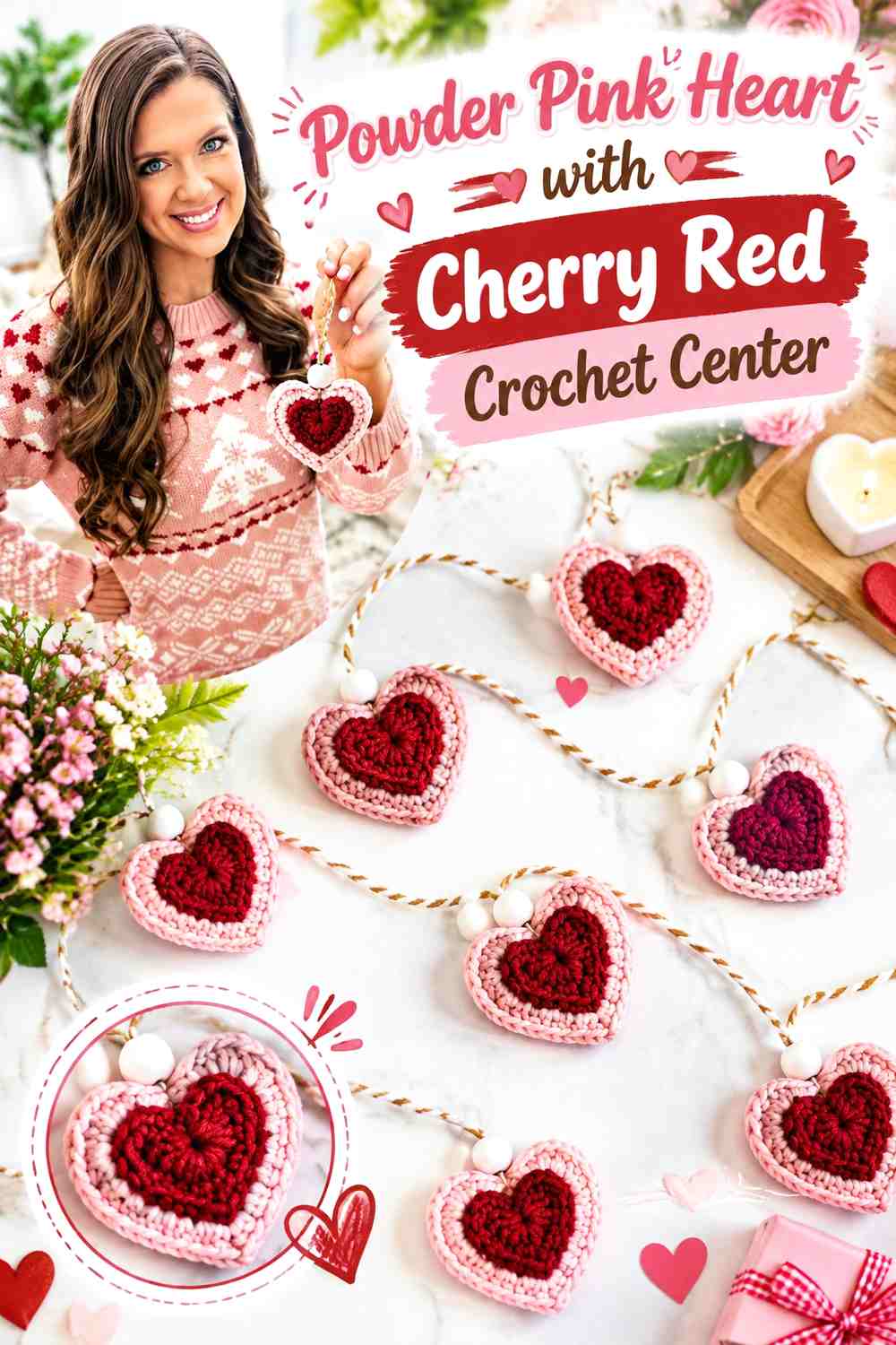 Powder Pink Heart with Cherry Red Crochet Center