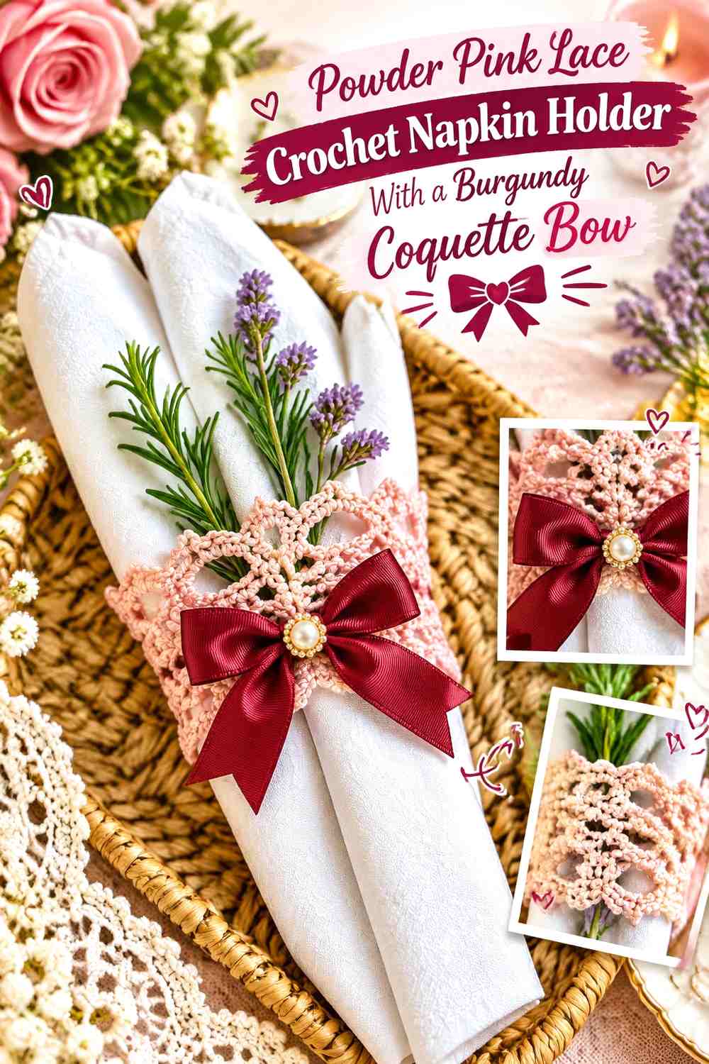 Powder Pink Lace Crochet Napkin Holder With a Burgundy Coquette Bow