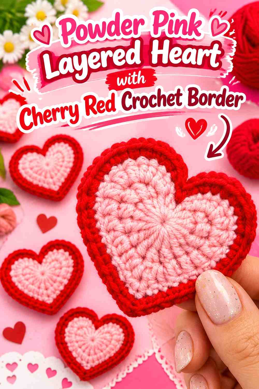 Powder Pink Layered Heart with Cherry Red Crochet Border