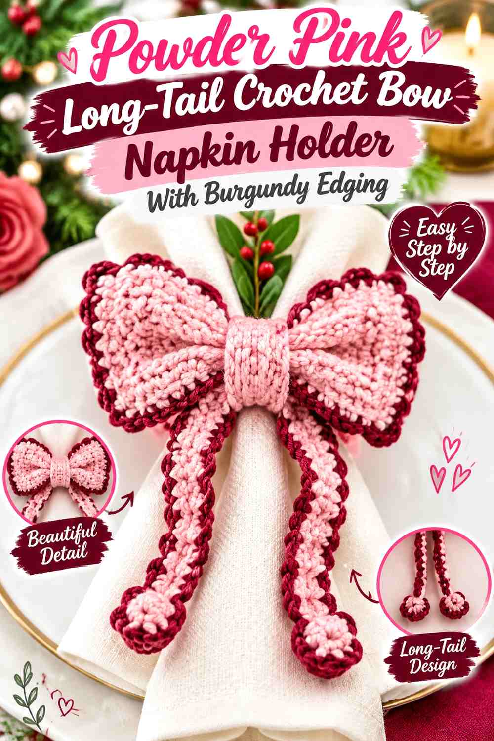 Powder Pink Long-Tail Crochet Bow Napkin Holder With Burgundy Edging