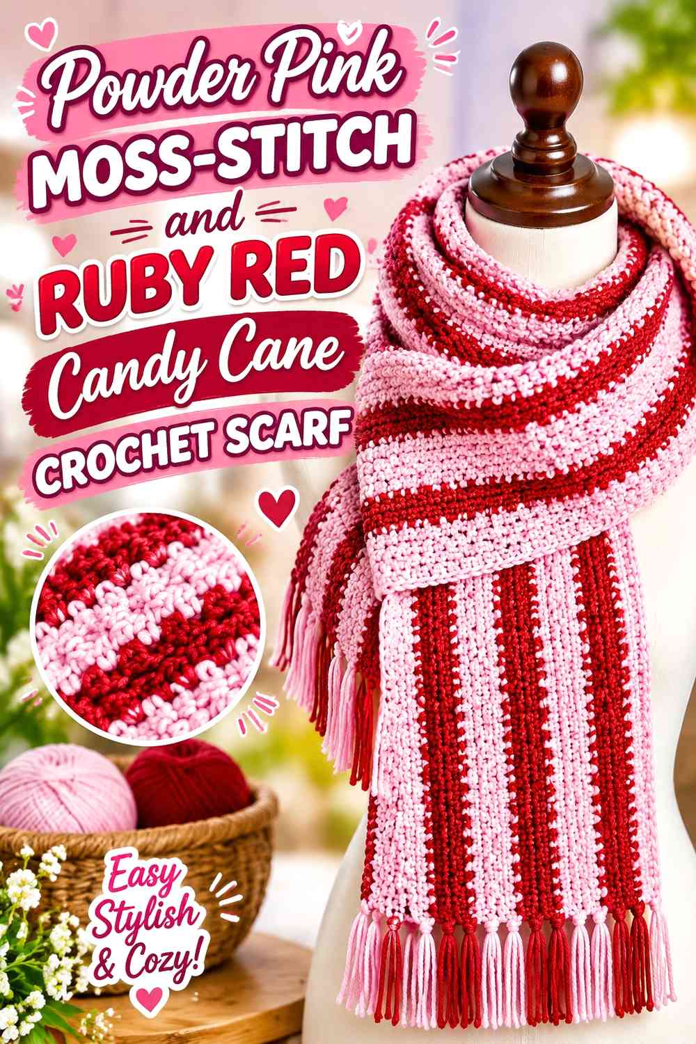 Powder Pink Moss-Stitch and Ruby Red Candy Cane Crochet Scarf