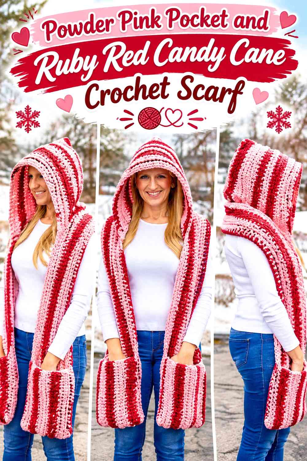 Powder Pink Pocket and Ruby Red Candy Cane Crochet Scarf
