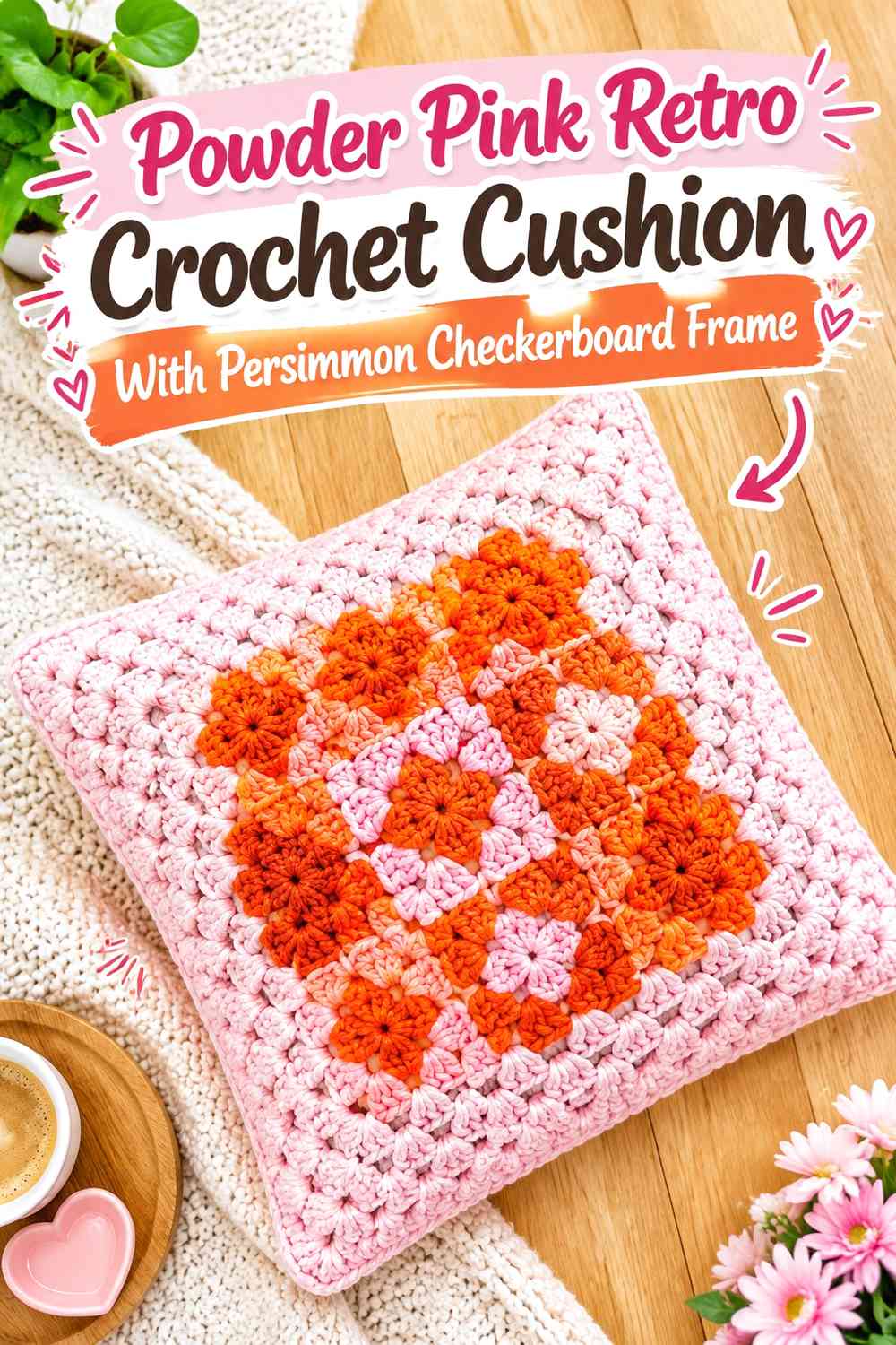 Powder Pink Retro Crochet Cushion With Persimmon Checkerboard Frame