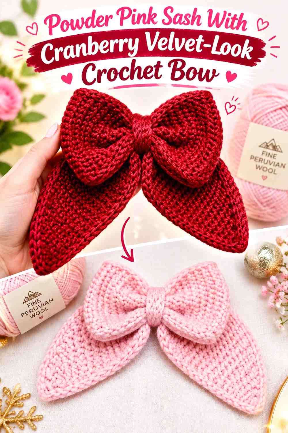Powder Pink Sash With Cranberry Velvet-Look Crochet Bow