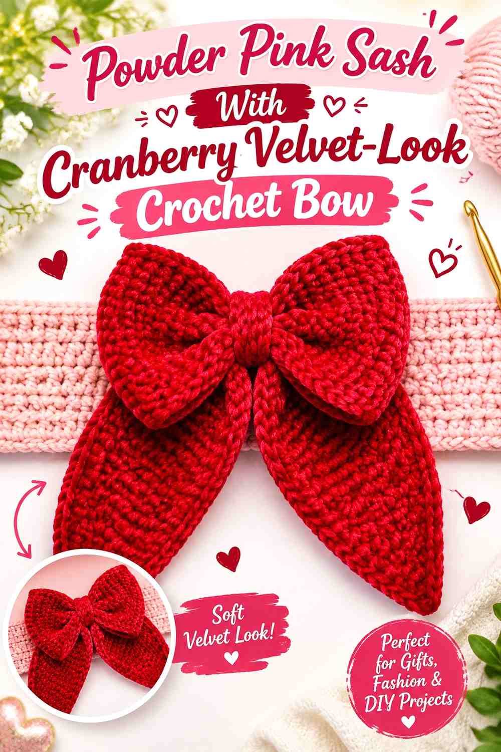 Powder Pink Sash With Cranberry Velvet-Look Crochet Bow