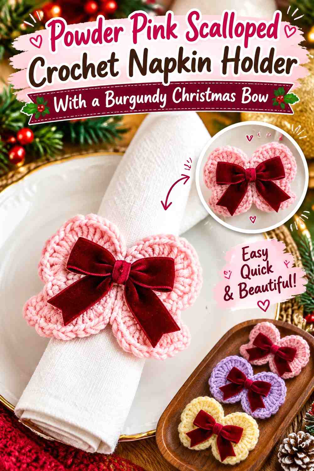 Powder Pink Scalloped Crochet Napkin Holder With a Burgundy Christmas Bow