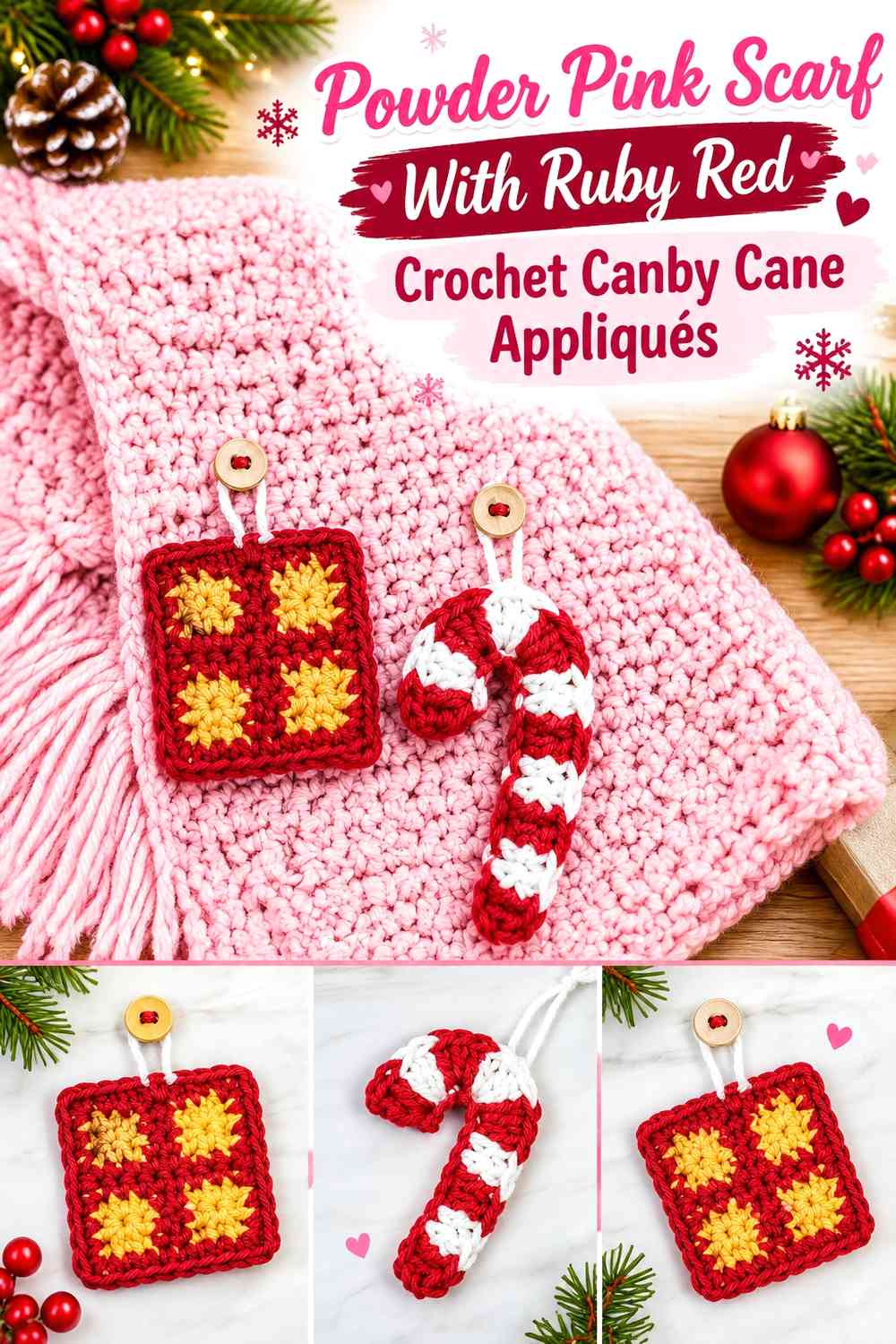 Powder Pink Scarf With Ruby Red Crochet Candy Cane Appliqués