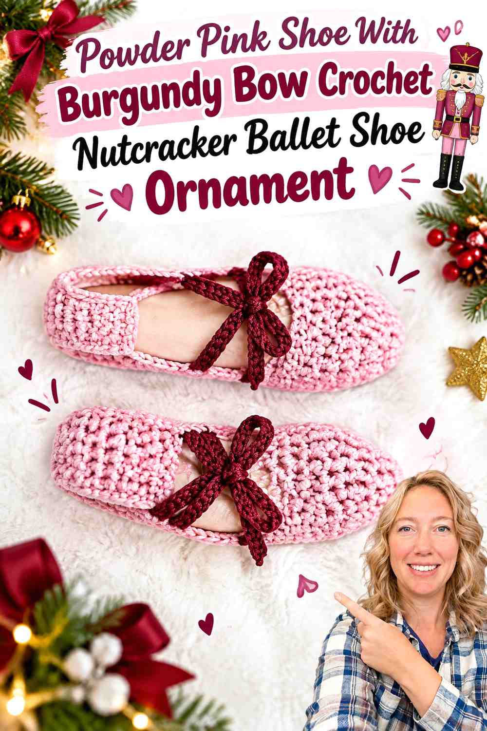 Powder Pink Shoe With Burgundy Bow Crochet Nutcracker Ballet Shoe Ornament