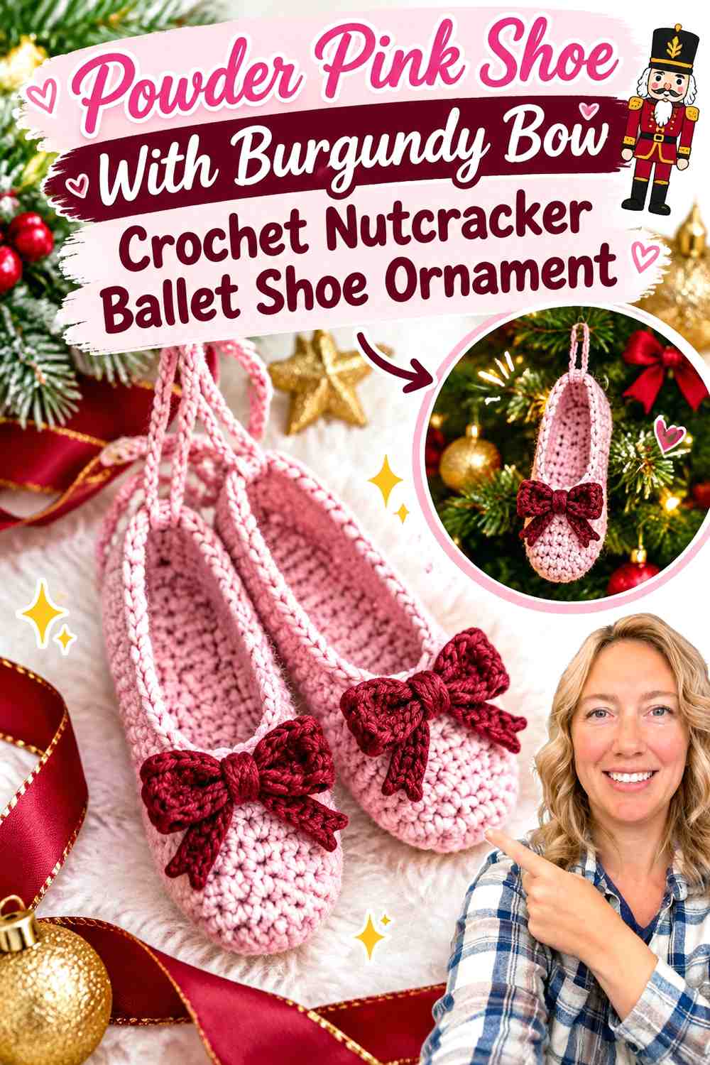 Powder Pink Shoe With Burgundy Bow Crochet Nutcracker Ballet Shoe Ornament