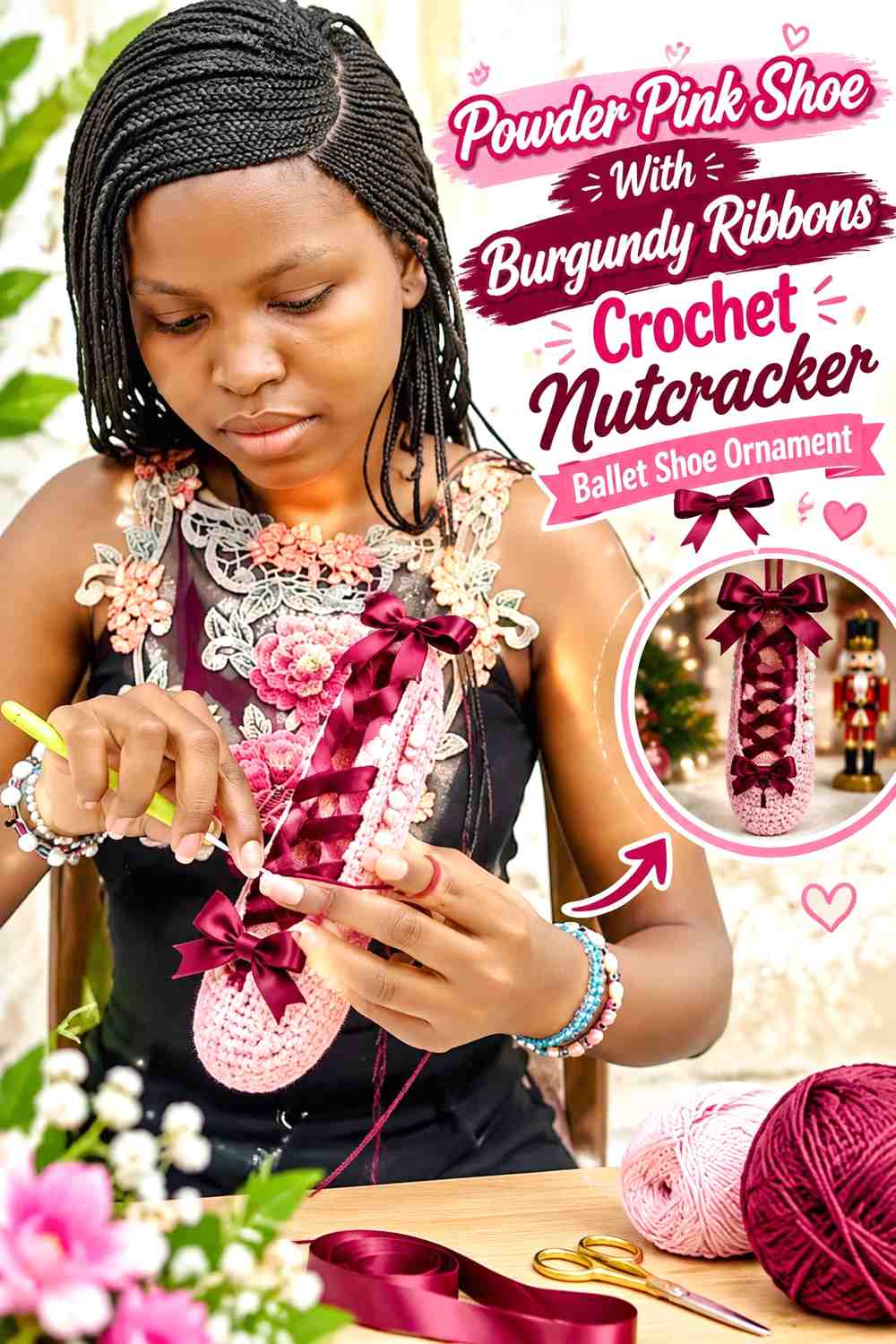 Powder Pink Shoe With Burgundy Ribbons Crochet Nutcracker Ballet Shoe Ornament