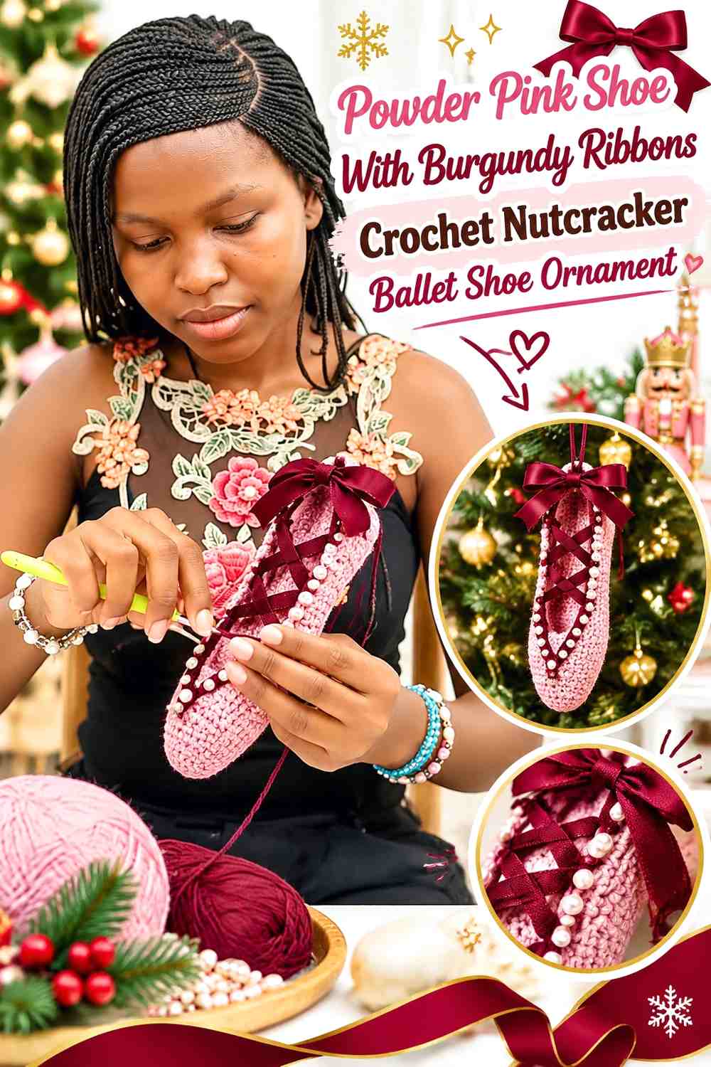 Powder Pink Shoe With Burgundy Ribbons Crochet Nutcracker Ballet Shoe Ornament