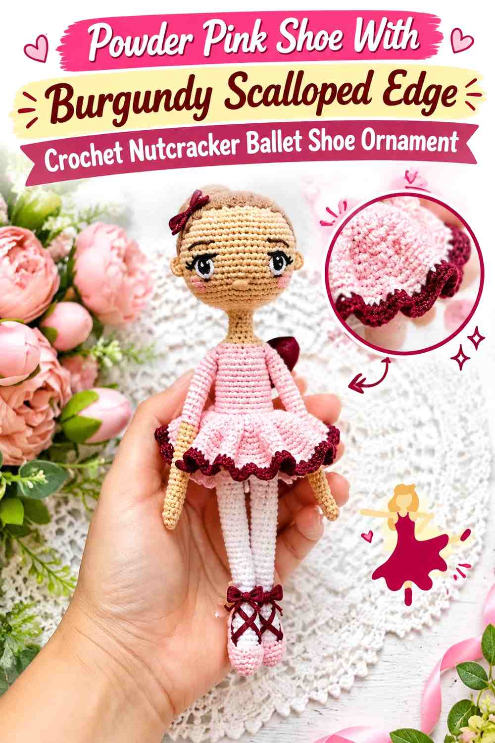 Powder Pink Shoe With Burgundy Scalloped Edge Crochet Nutcracker Ballet Shoe Ornament