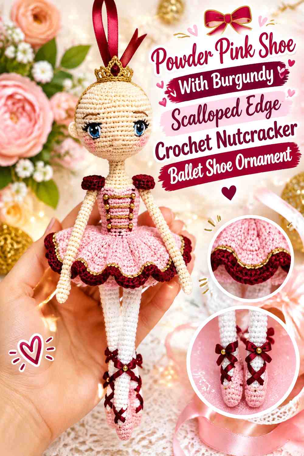 Powder Pink Shoe With Burgundy Scalloped Edge Crochet Nutcracker Ballet Shoe Ornament