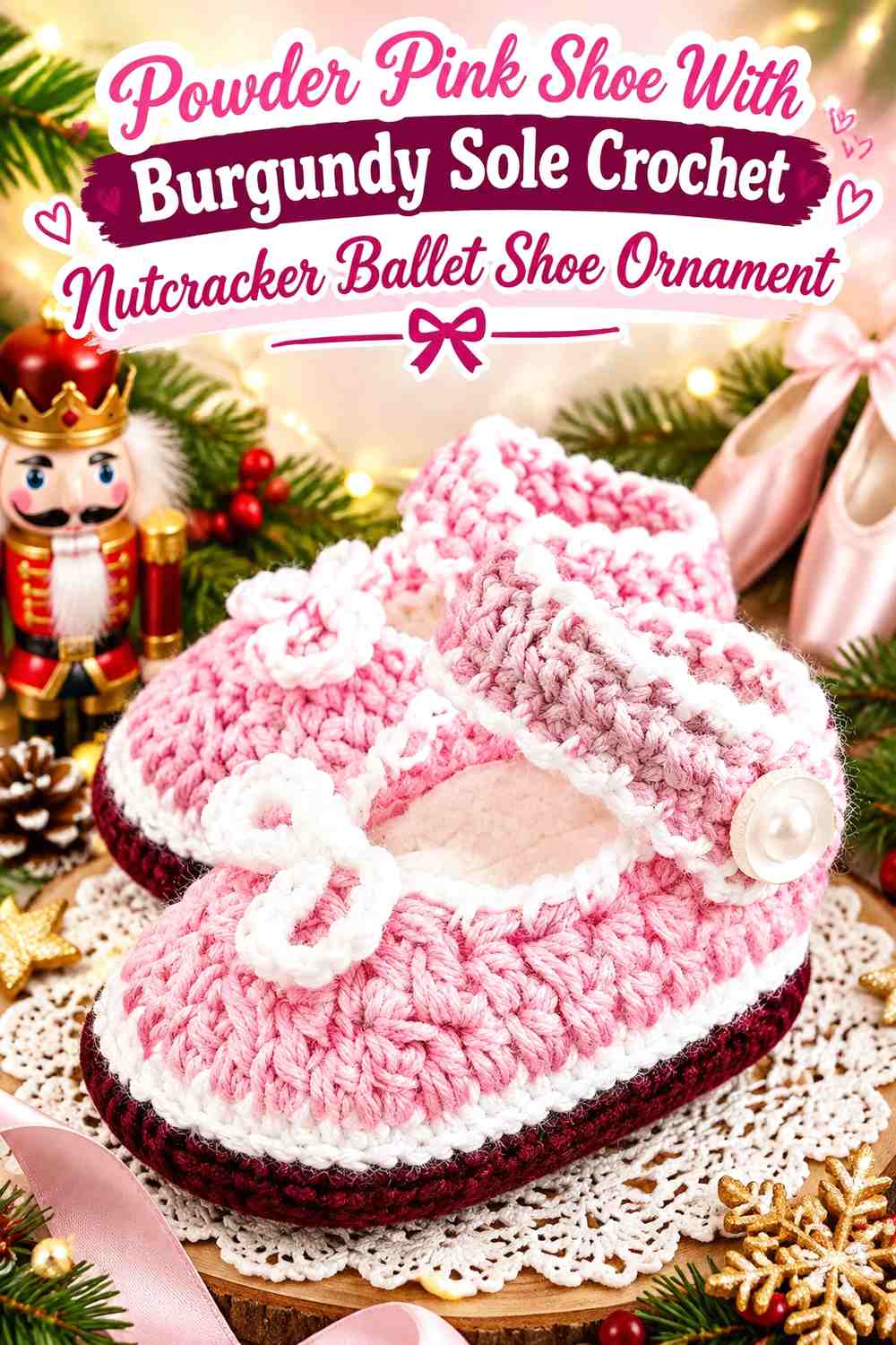 Powder Pink Shoe With Burgundy Sole Crochet Nutcracker Ballet Shoe Ornament