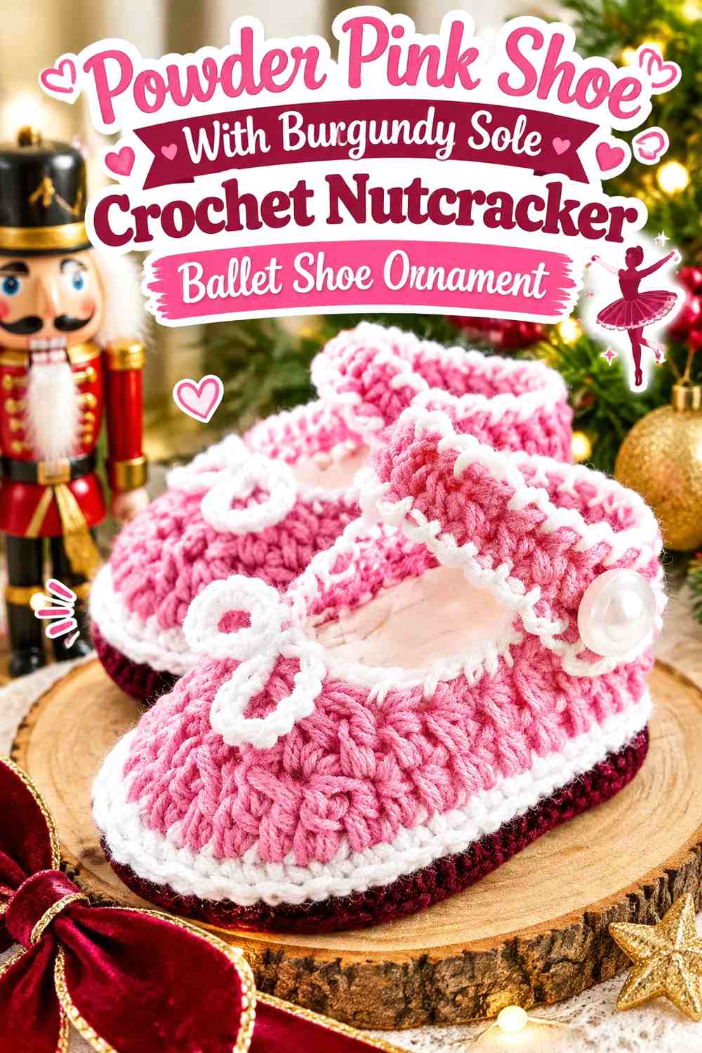 Powder Pink Shoe With Burgundy Sole Crochet Nutcracker Ballet Shoe Ornament