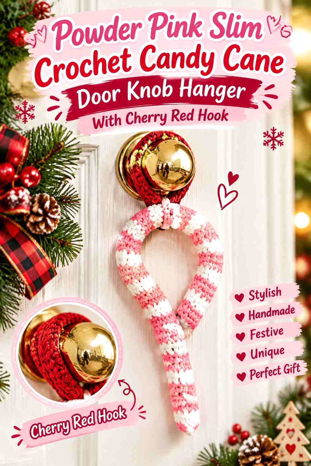 Powder Pink Slim Crochet Candy Cane Door Knob Hanger With Cherry Red Hook