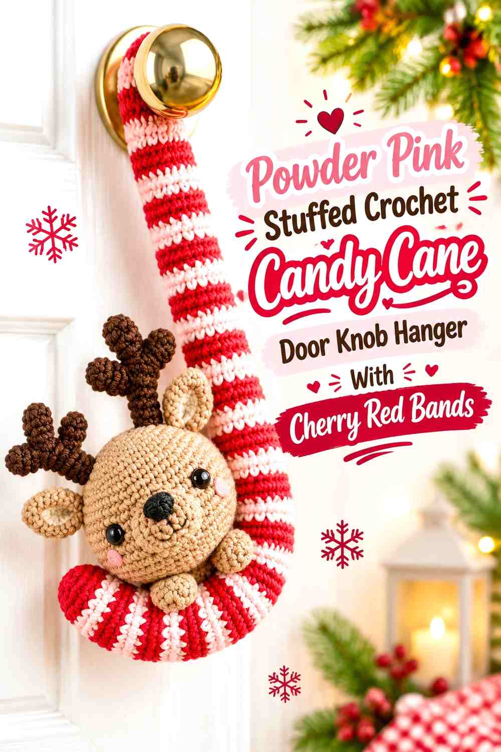 Powder Pink Stuffed Crochet Candy Cane Door Knob Hanger With Cherry Red Bands