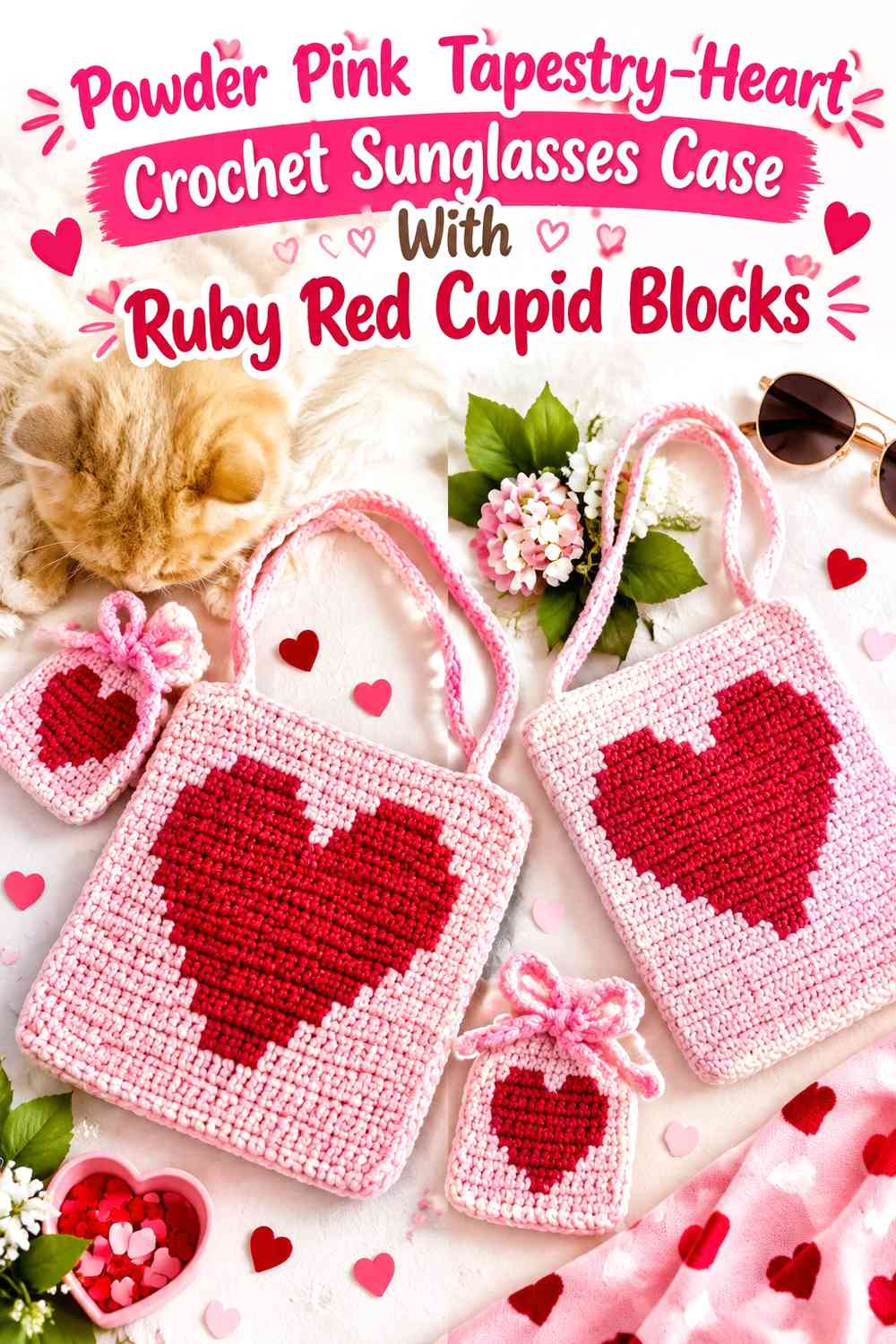 Powder Pink Tapestry-Heart Crochet Sunglasses Case With Ruby Red Cupid Blocks