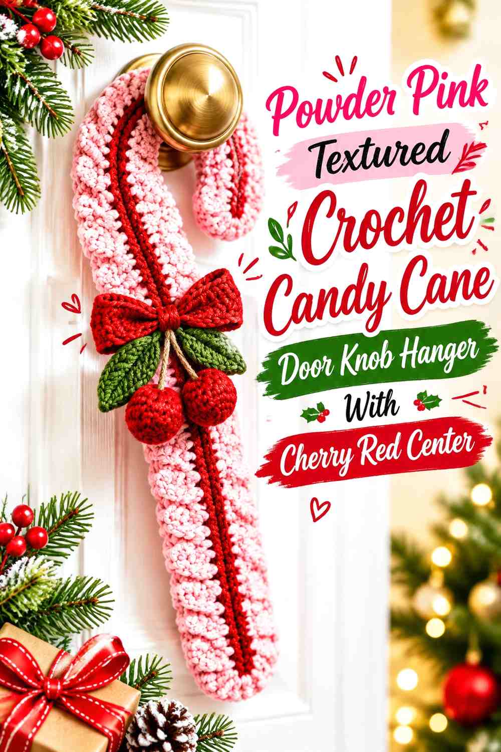 Powder Pink Textured Crochet Candy Cane Door Knob Hanger With Cherry Red Center
