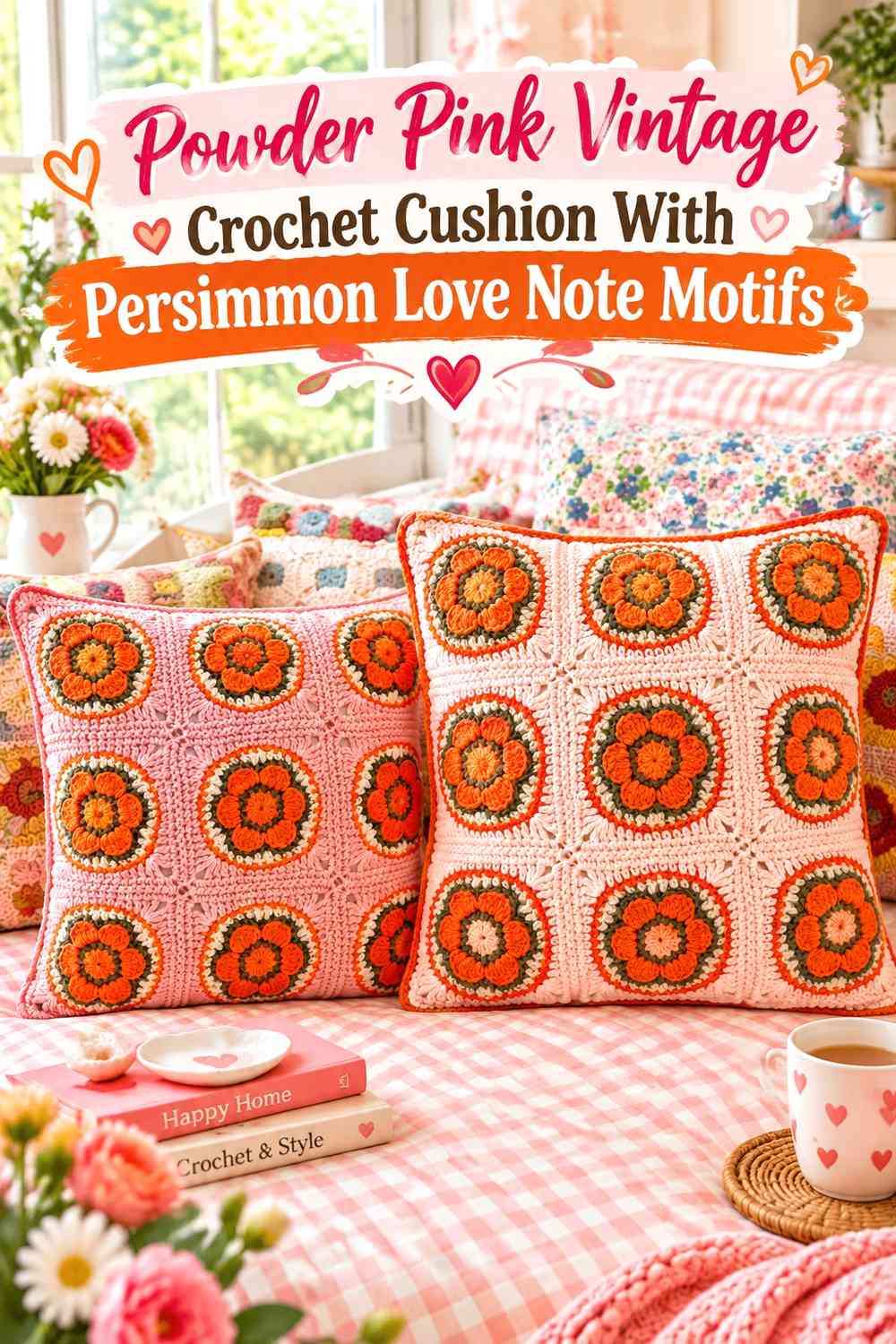 Powder Pink Vintage Crochet Cushion With Persimmon Love Note Motifs