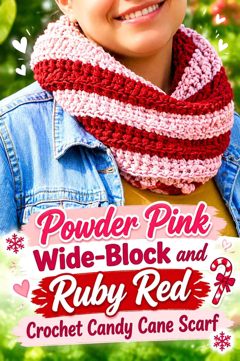 Powder Pink Wide-Block and Ruby Red Crochet Candy Cane Scarf
