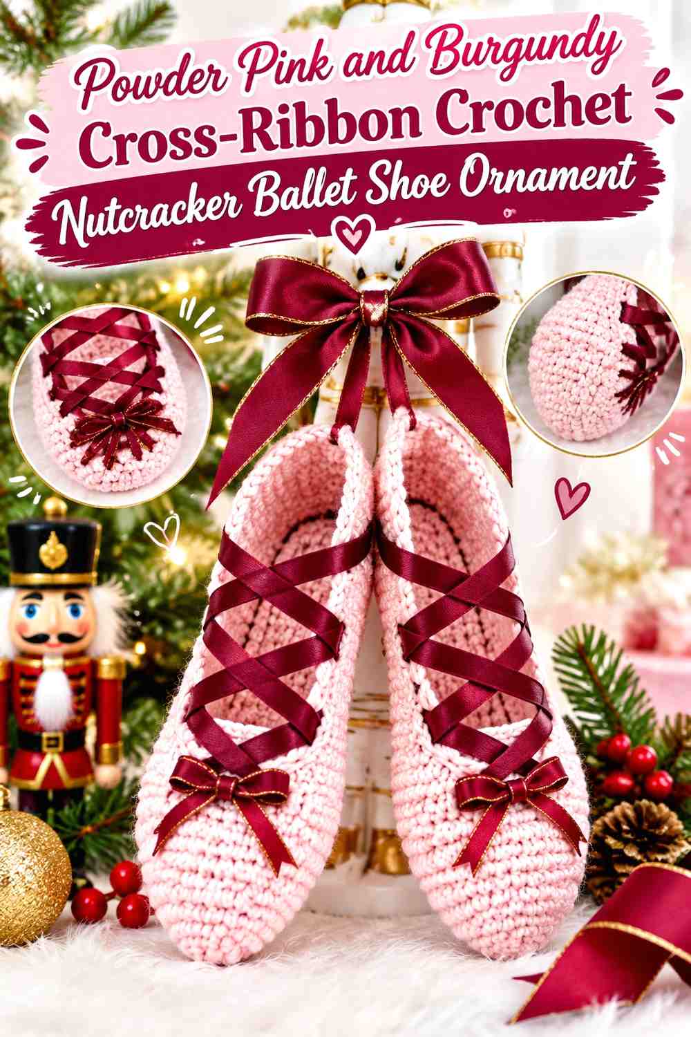 Powder Pink and Burgundy Cross-Ribbon Crochet Nutcracker Ballet Shoe Ornament