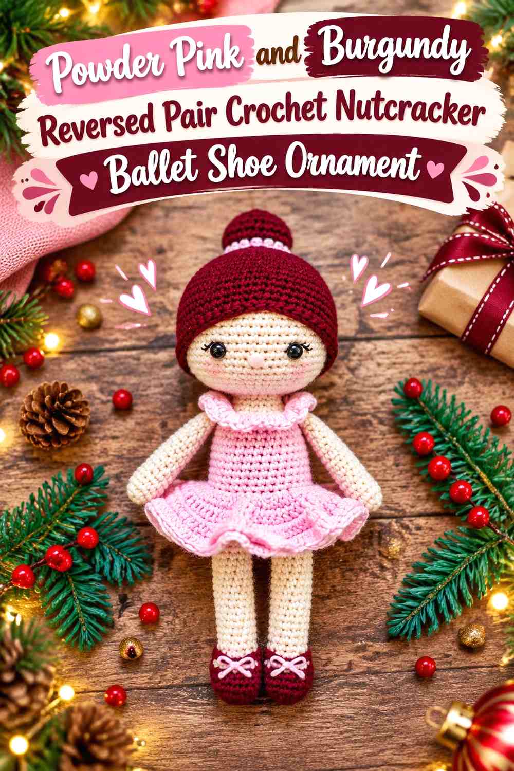 Powder Pink and Burgundy Reversed Pair Crochet Nutcracker Ballet Shoe Ornament